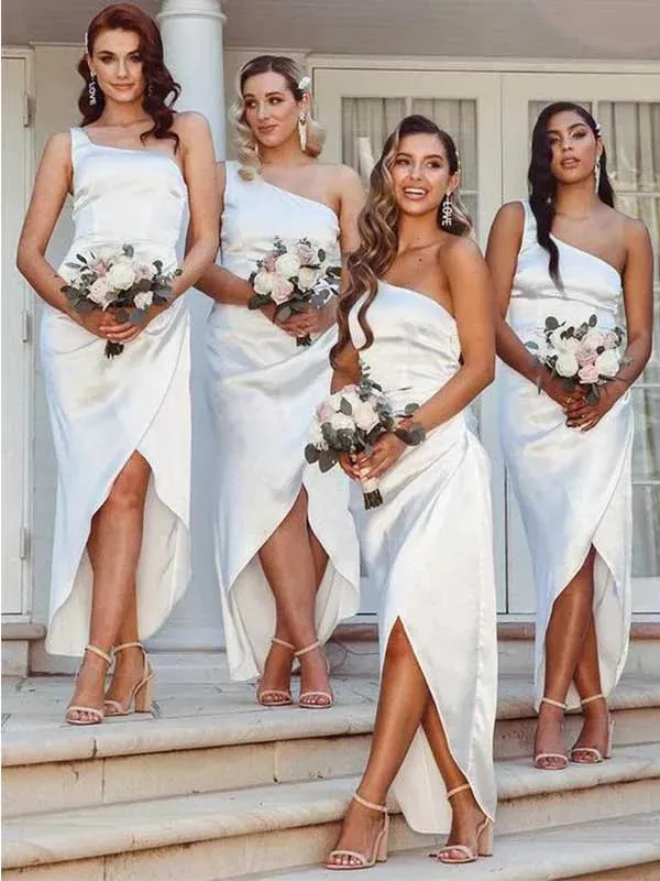 Asymmetrical One Shoulder Satin White Bridesmaid Dresses, BG163