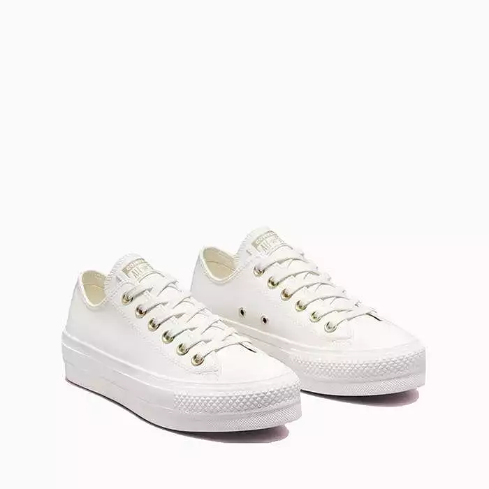 CONVERSE WOMEN'S CHUCK TAYLOR ALL STAR SYNTHETIC LEATHER LIFT PLATFORM LOW TOP VINTAGE WHITE SHOES