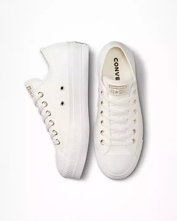 CONVERSE WOMEN'S CHUCK TAYLOR ALL STAR SYNTHETIC LEATHER LIFT PLATFORM LOW TOP VINTAGE WHITE SHOES