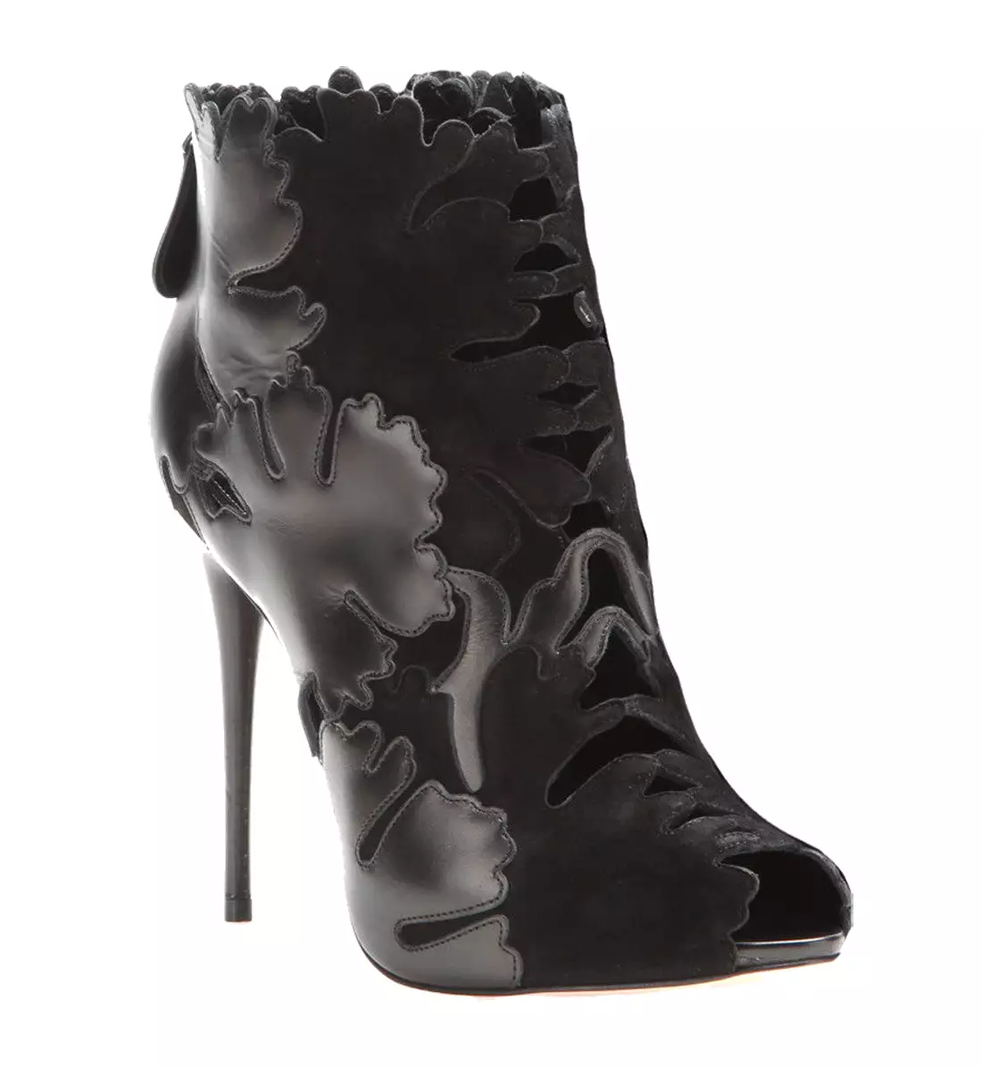 Cutout Suede & leather Leaf Ankle Boots, Black