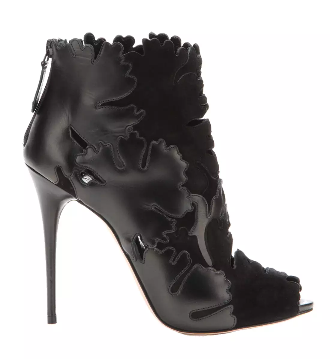 Cutout Suede & leather Leaf Ankle Boots, Black