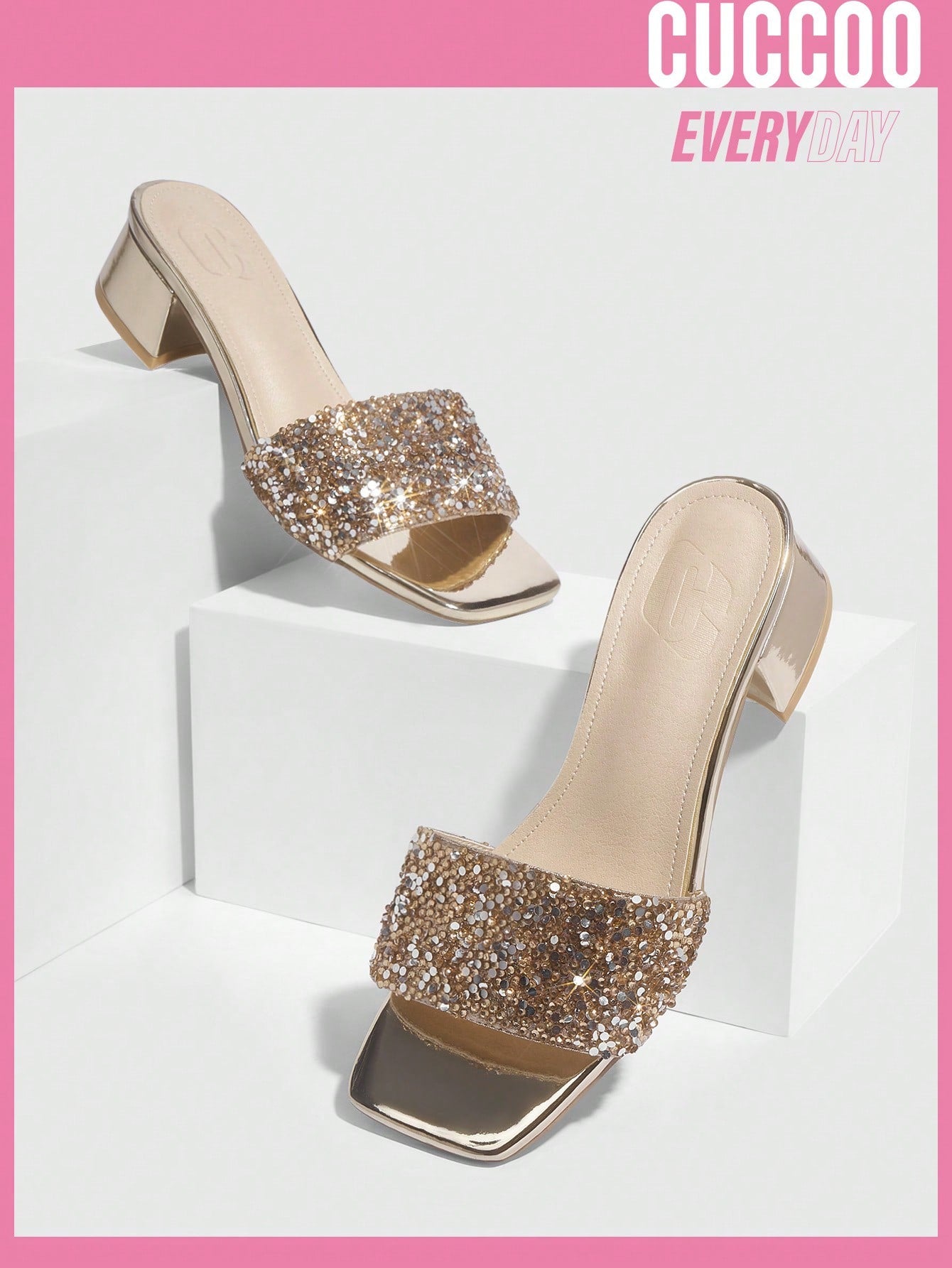 Fashionable Shallow Gold Rhinestone Chunky Low Heel Sandals For Women For Spring And Summer