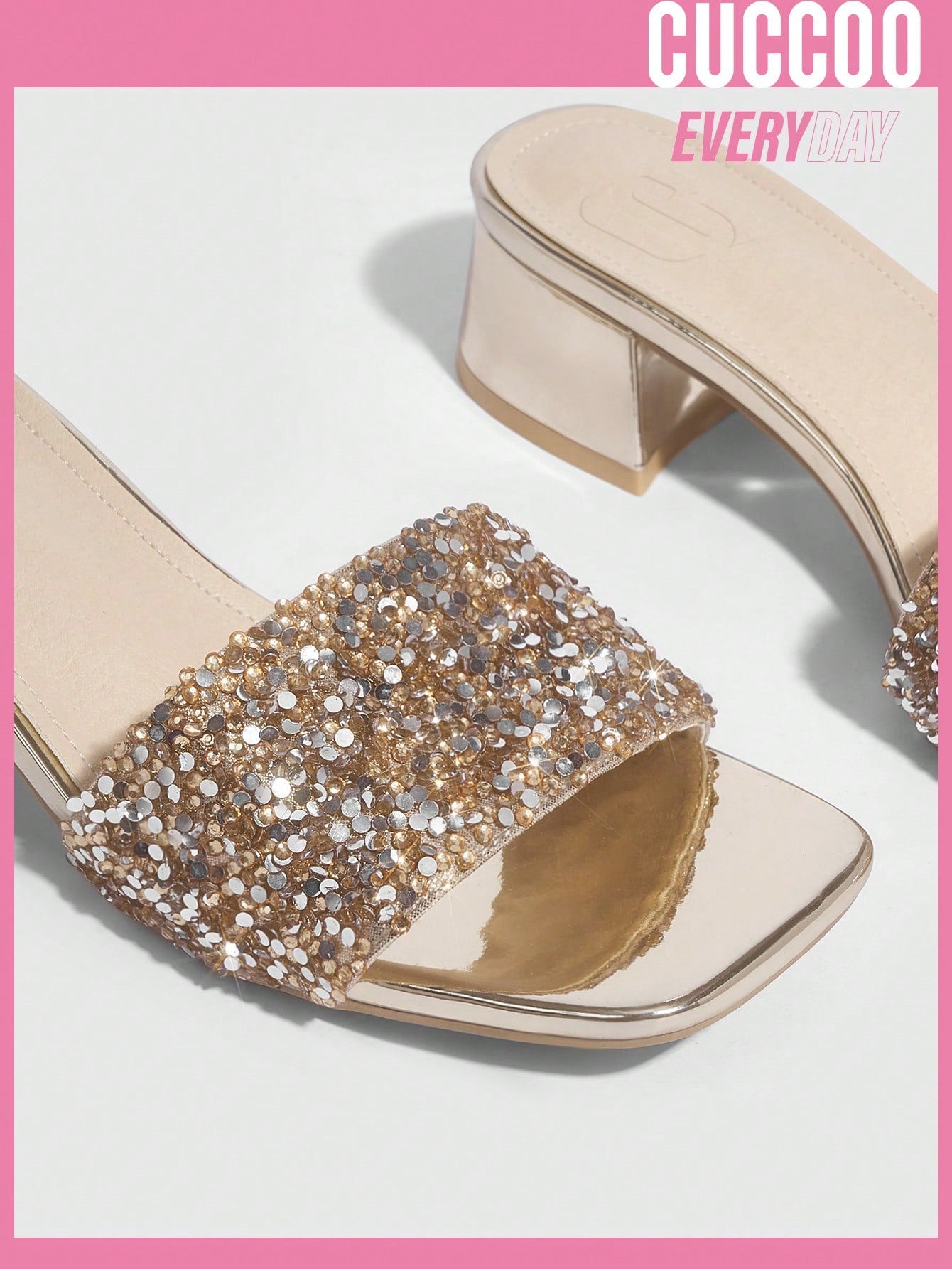 Fashionable Shallow Gold Rhinestone Chunky Low Heel Sandals For Women For Spring And Summer