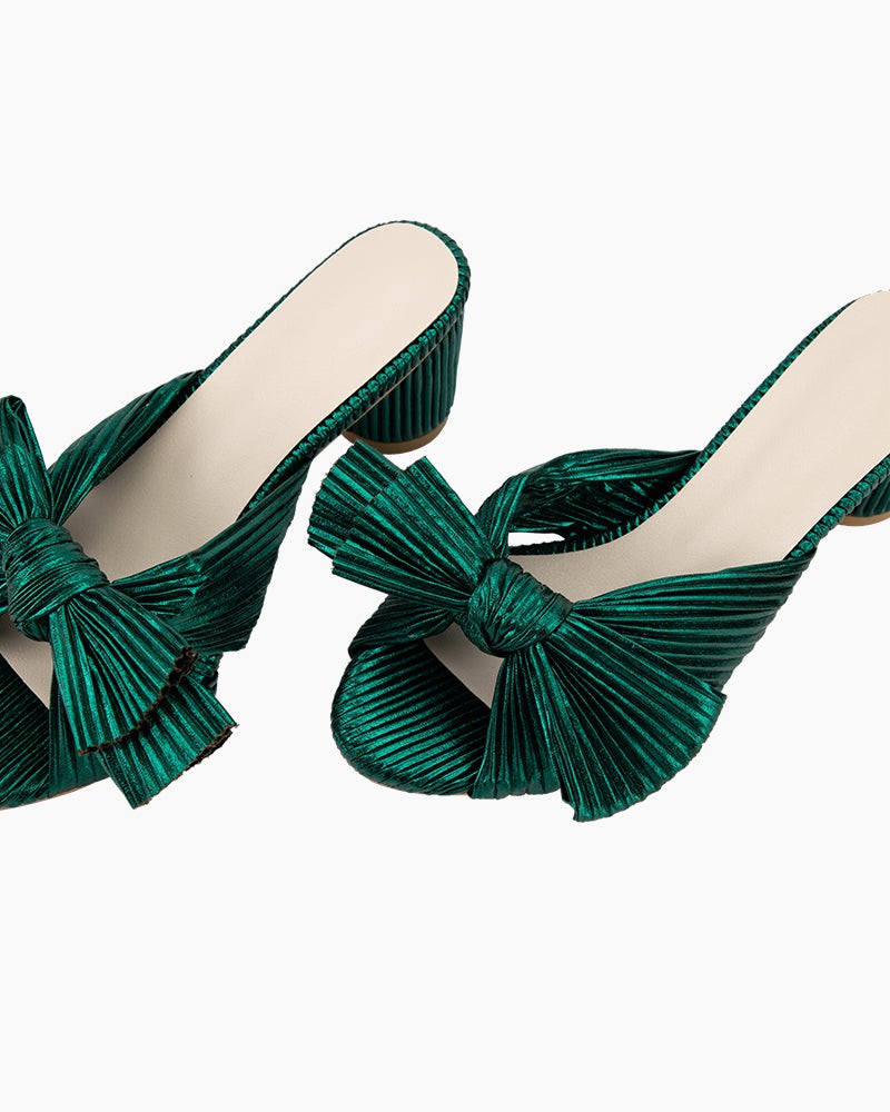 Green Pleated Bow Open Toe Chunky Block Heel Sandals