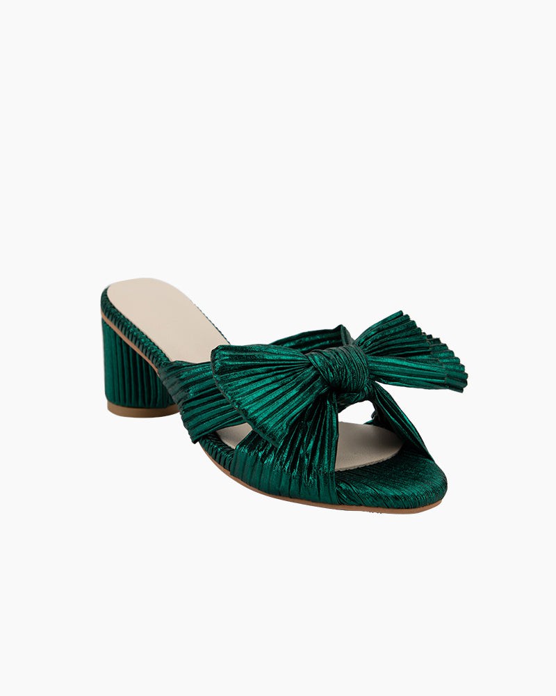 Green Pleated Bow Open Toe Chunky Block Heel Sandals