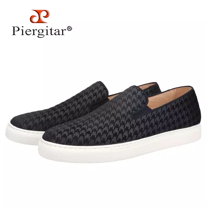 Houndstooth Embossed Velvet Men Sneakers Increase White Soles Handcrafted Men's Casual Shoes BreathableLeather Insole