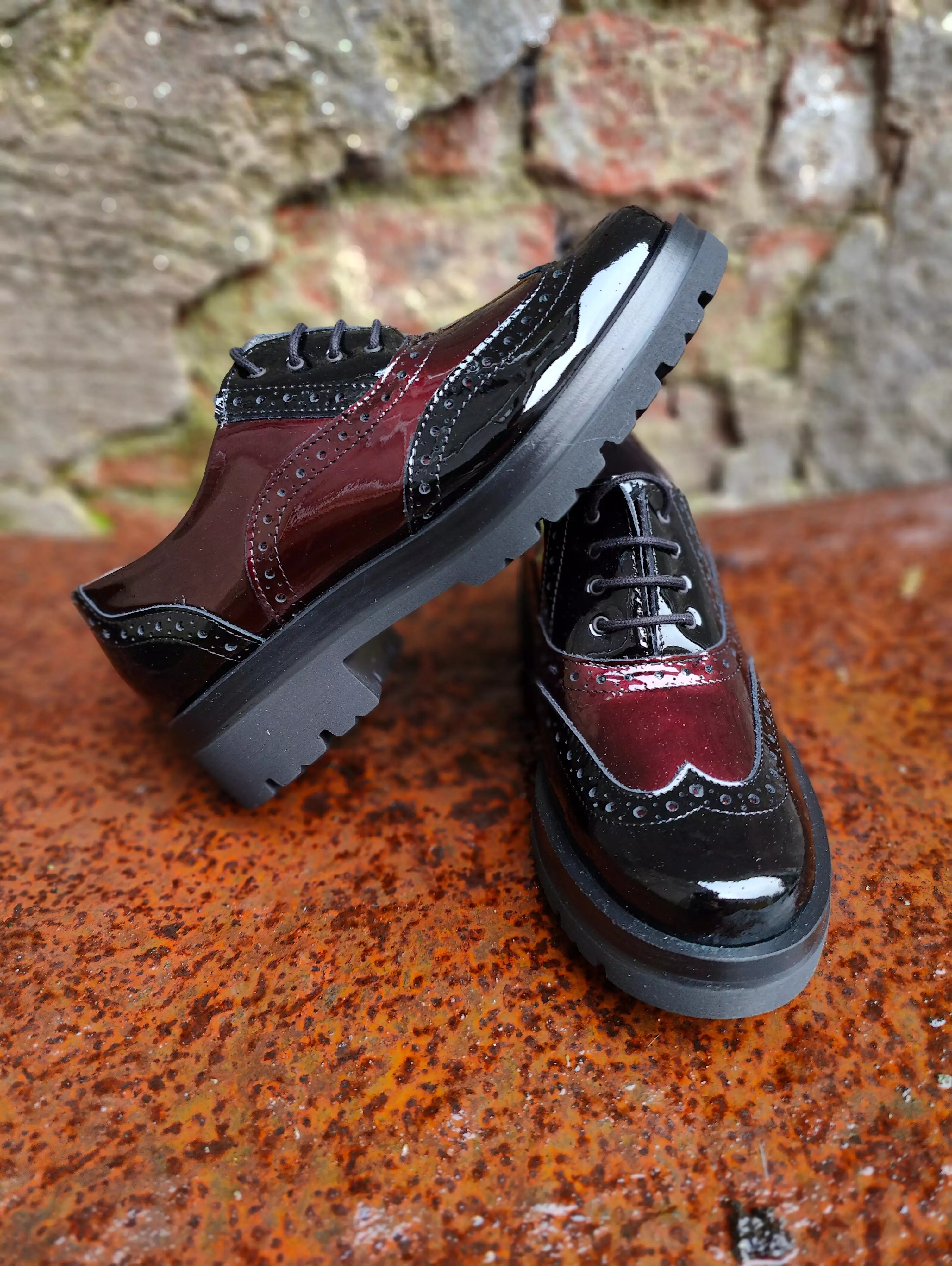 Lace Up Brogues Pitillos Patent Leather Ladies Work Smart Shoes Black/Burgundy 5362 SALE