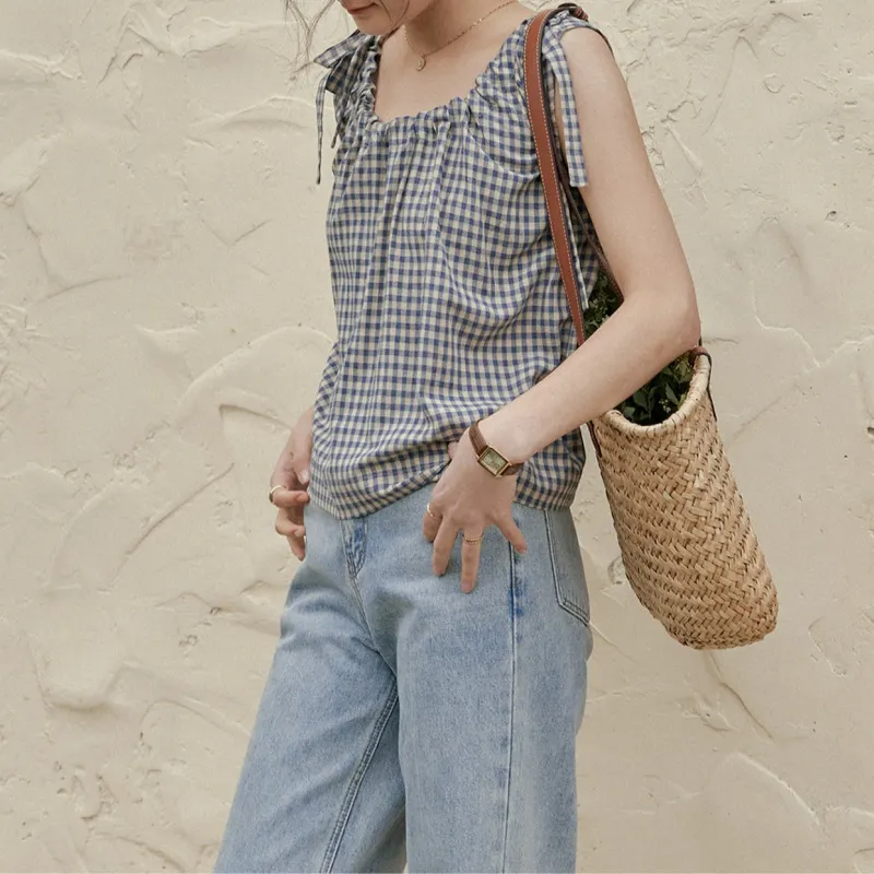 LENINA  |Other Plaid Patterns Casual Style Sleeveless Cotton