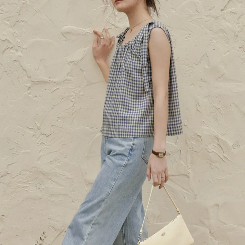 LENINA  |Other Plaid Patterns Casual Style Sleeveless Cotton