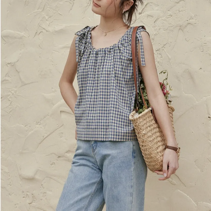 LENINA  |Other Plaid Patterns Casual Style Sleeveless Cotton