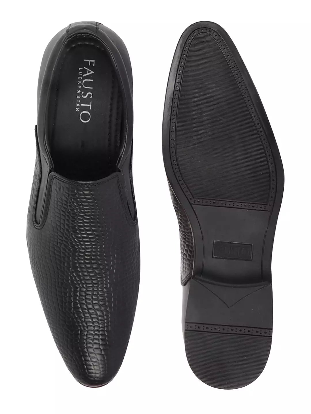 Men Black Embossed Design Formal Leather Slip On Shoes