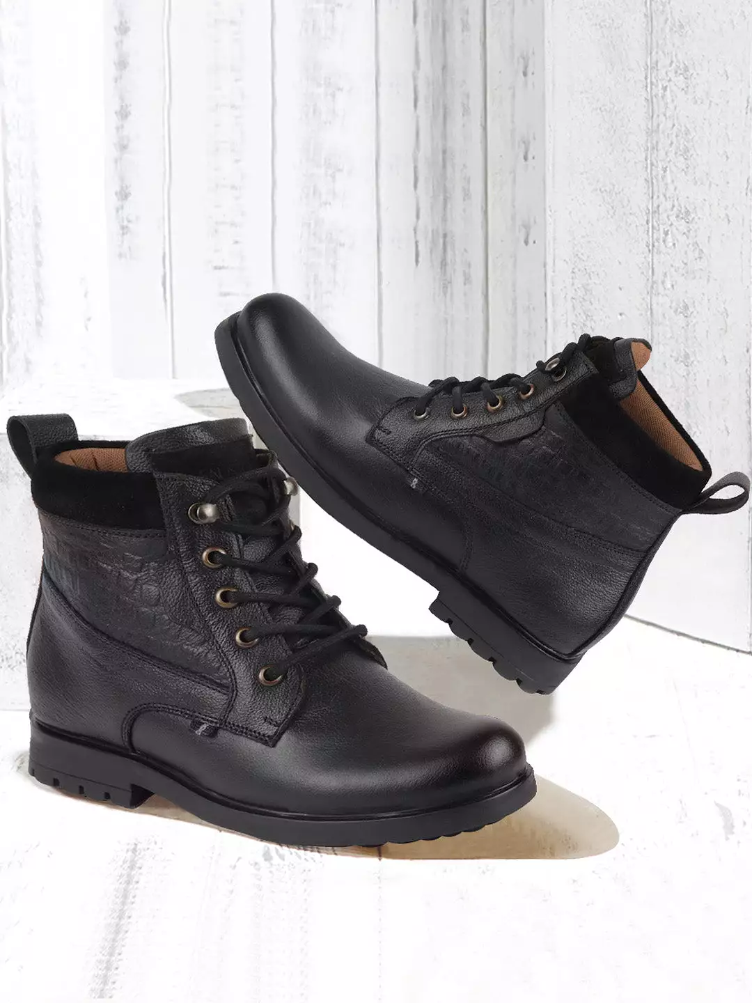 Men Black Leather Lace Up Mid Top Boots