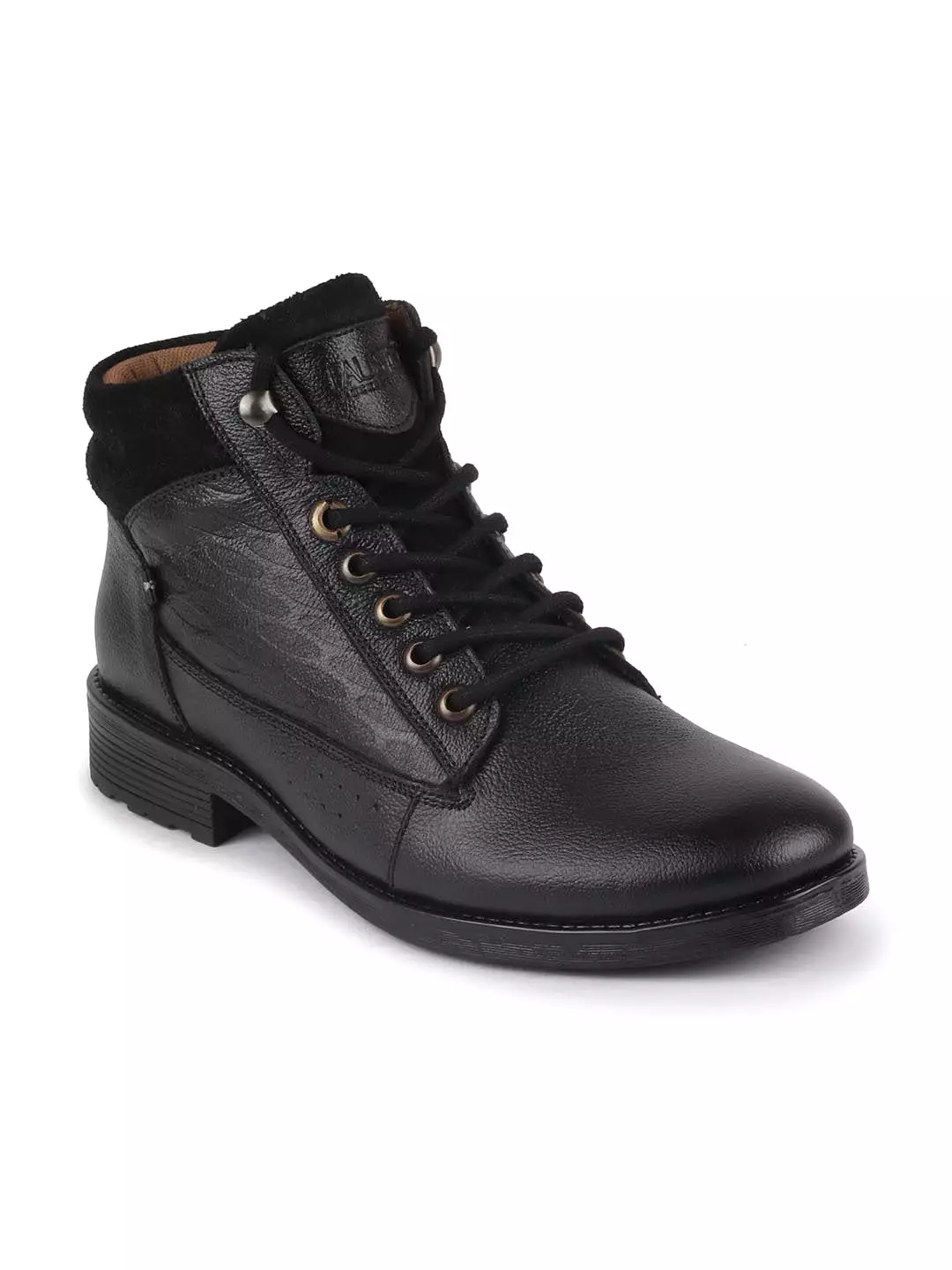 Men Black Leather Lace Up Mid Top Boots