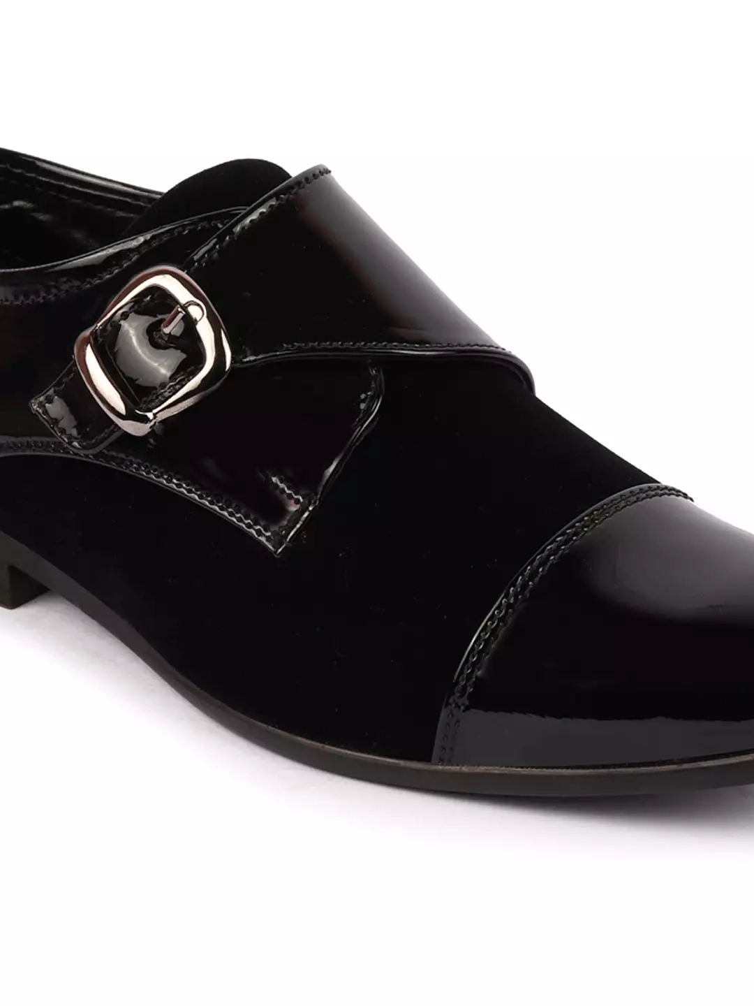 Men Black Patent Leather Velvet Single Strap Monk Formal Slip On Shoes