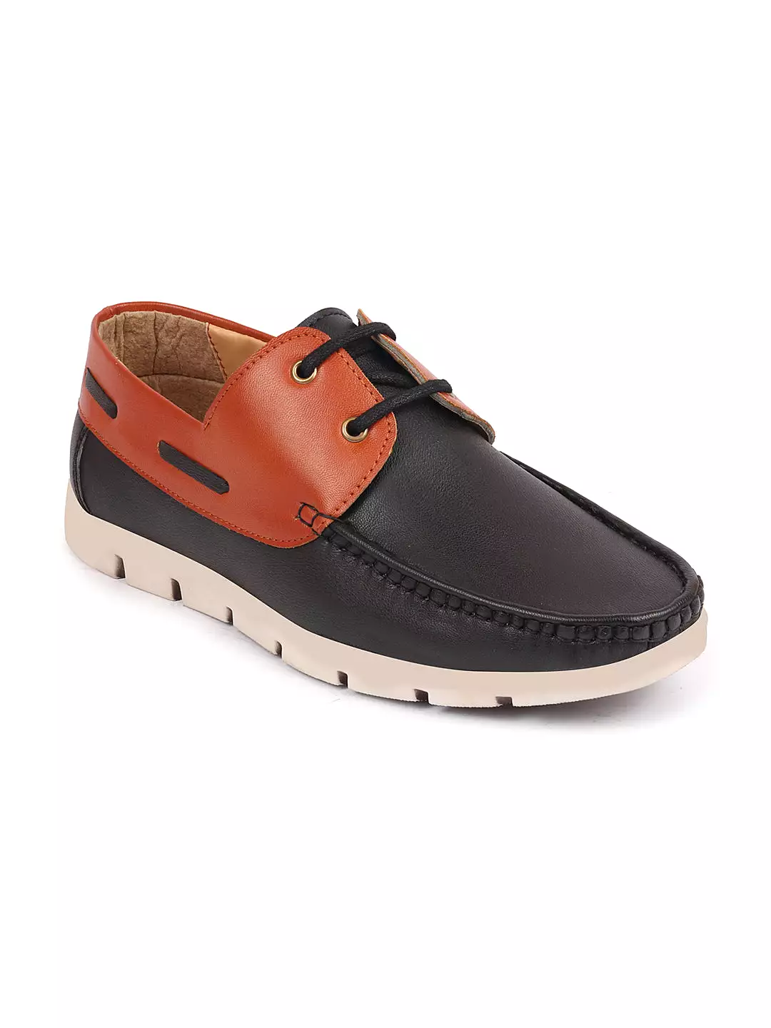 Men Black Side Lace Stitched Design Lace Up Boat Shoes