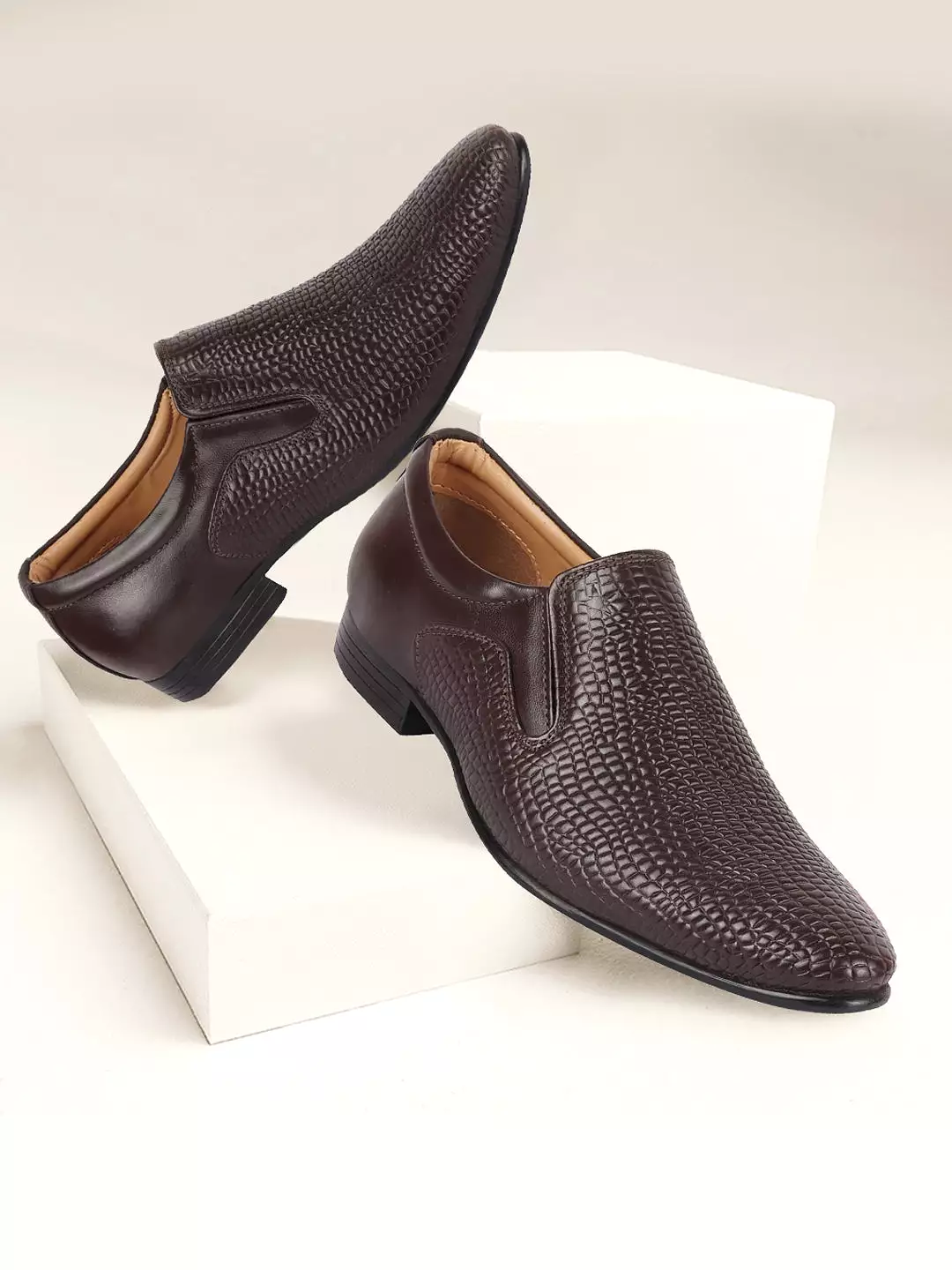 Men Brown Embossed Design Formal Leather Slip On Shoes