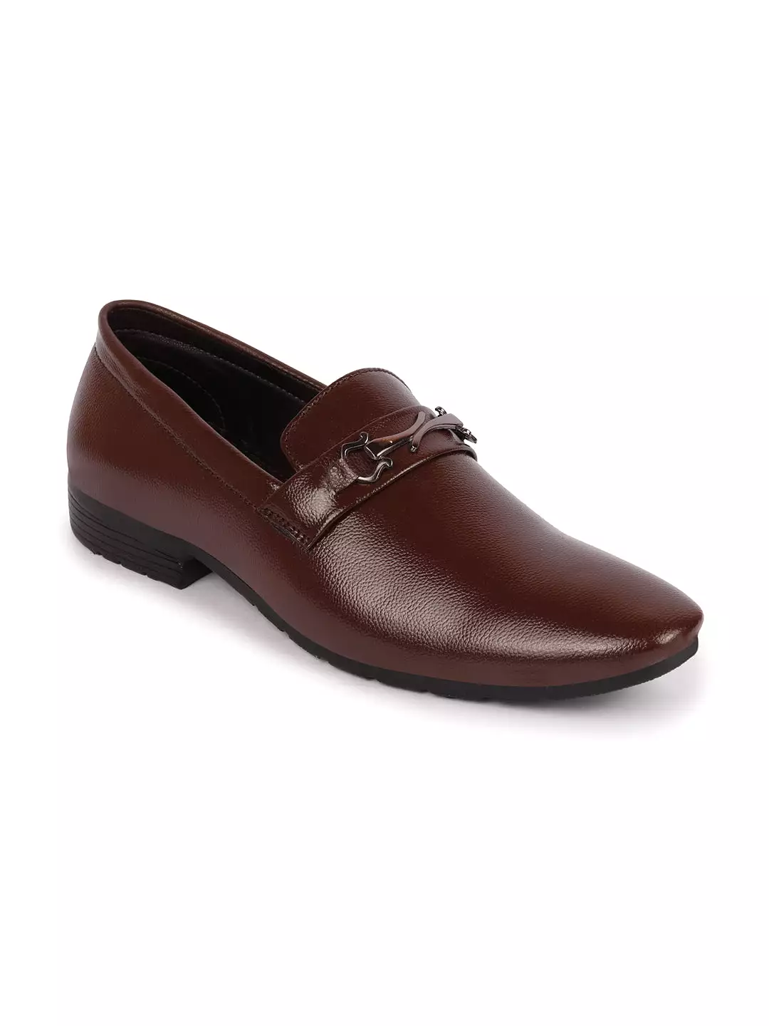 Men Brown Horsebit Buckle Formal Slip On Shoes