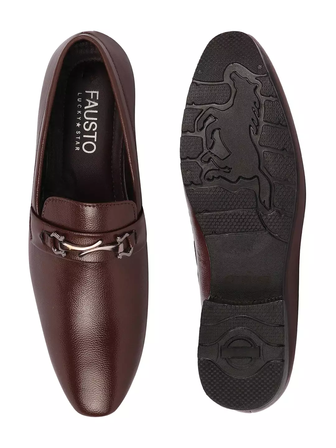 Men Brown Horsebit Buckle Formal Slip On Shoes