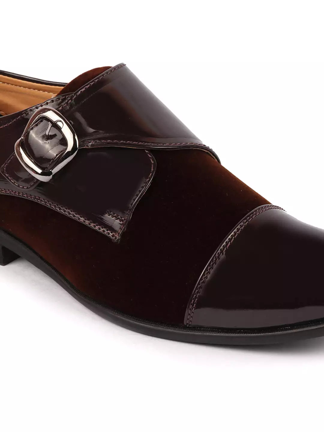 Men Brown Patent Leather Velvet Single Strap Monk Formal Slip On Shoes