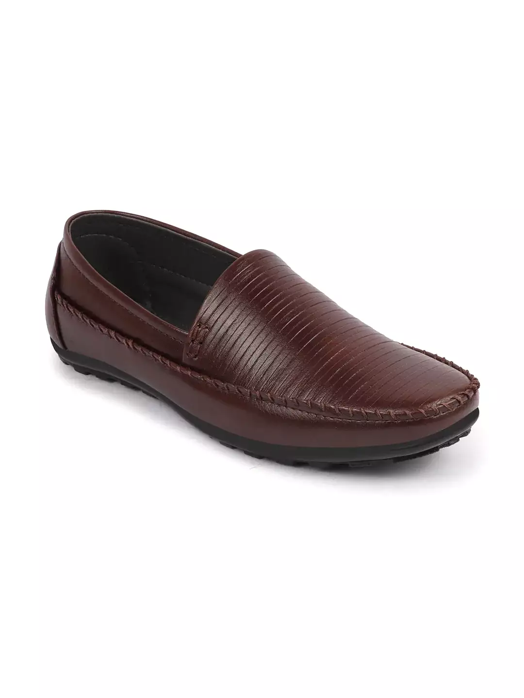 Men Brown Side Stitched Broad Feet Ethnic Slip On Shoes