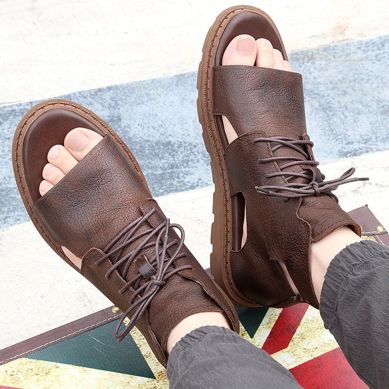 Men High Top Leather Sandals Brown 