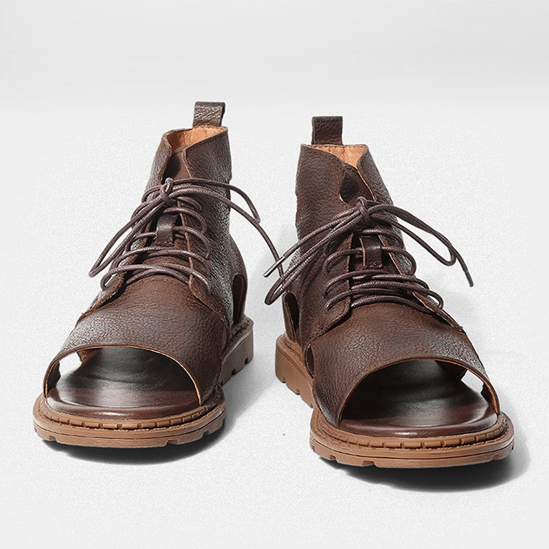 Men High Top Leather Sandals Brown 