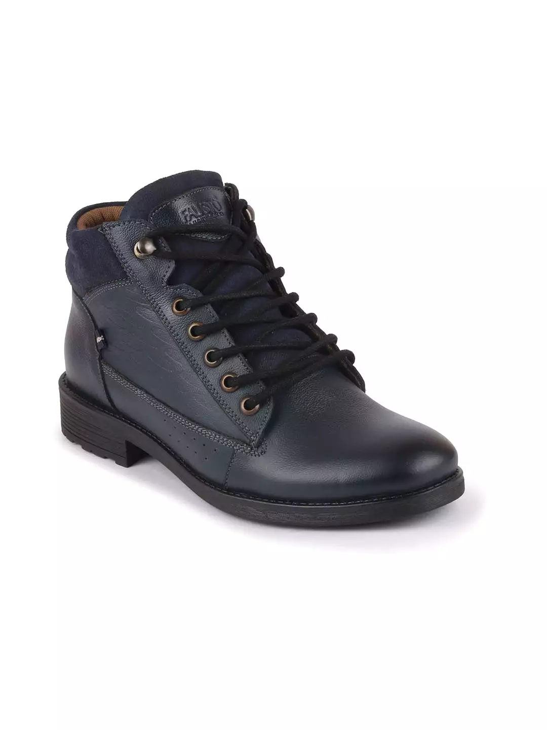 Men Navy Blue Leather Lace Up Mid Top Boots