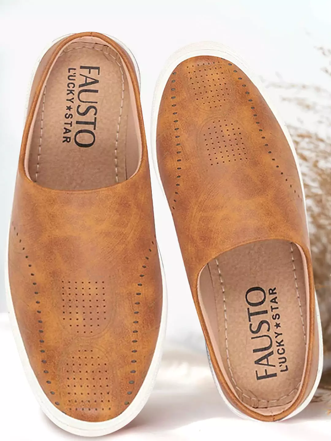 Men Tan Back Open Stylish Design Slip On Shoes