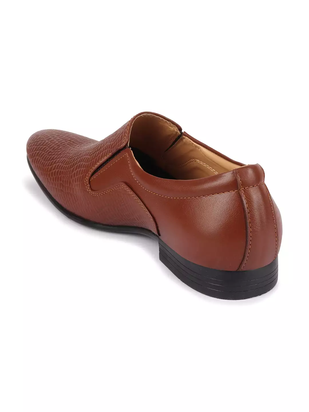 Men Tan Embossed Design Formal Leather Slip On Shoes