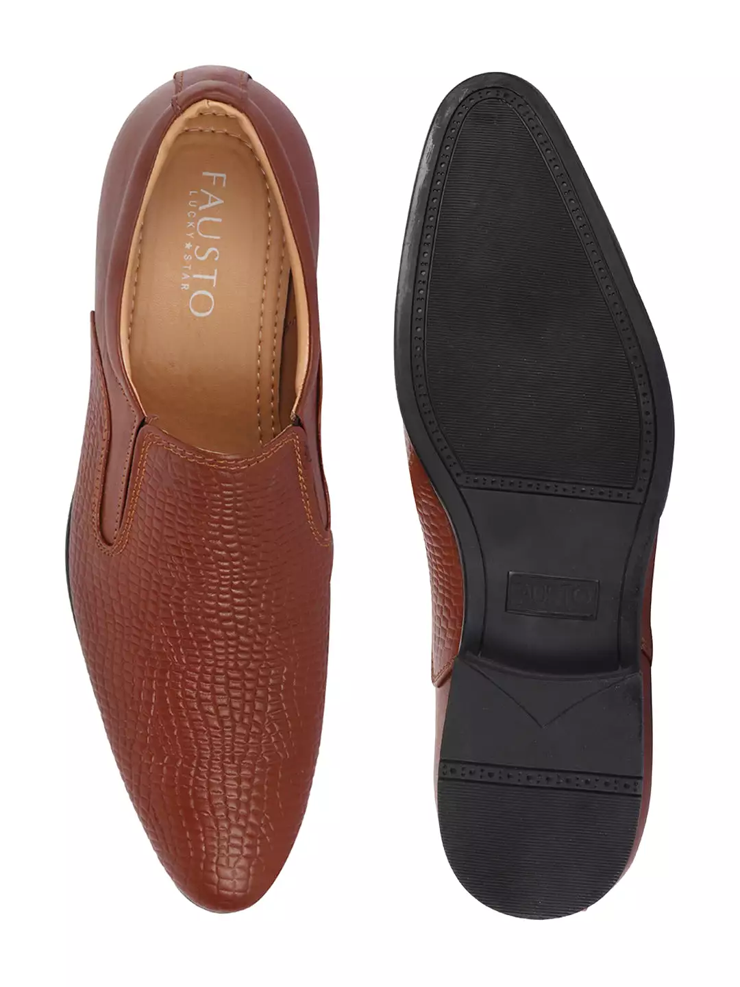 Men Tan Embossed Design Formal Leather Slip On Shoes