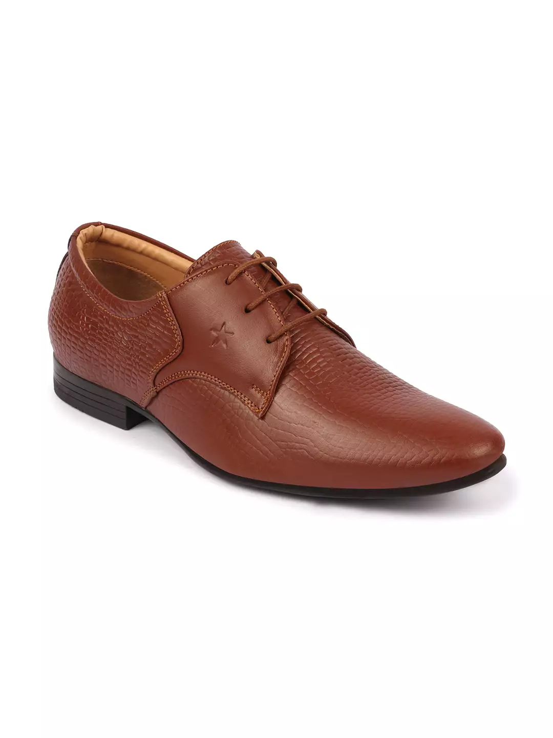 Men Tan Formal Leather Embossed Office Lace Up Shoes