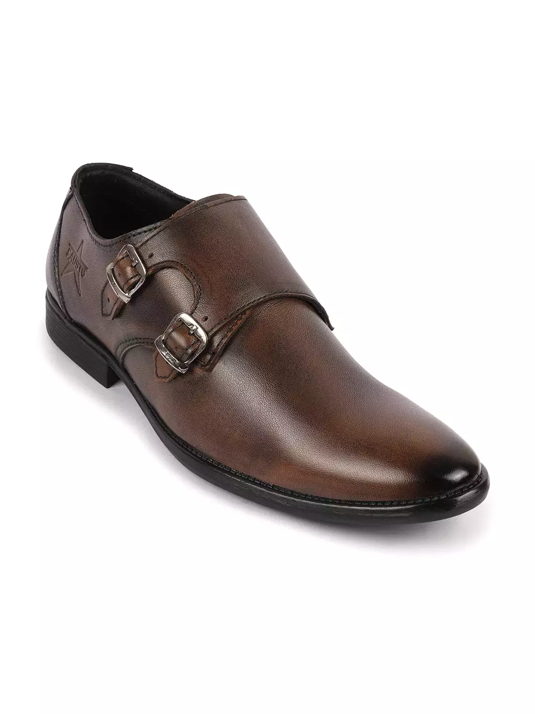 Men Tan Formal Wedding Party Genuine Leather Double Monk Strap Shoes