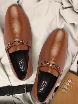 Men Tan Horsebit Buckle Formal Slip On Shoes