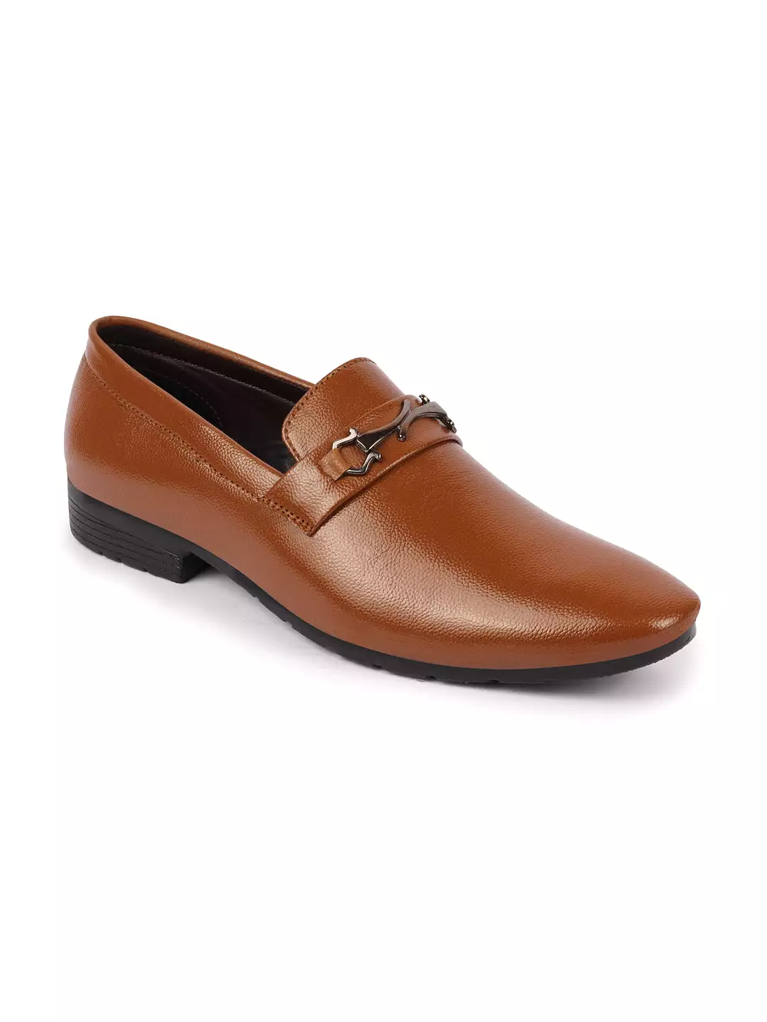 Men Tan Horsebit Buckle Formal Slip On Shoes