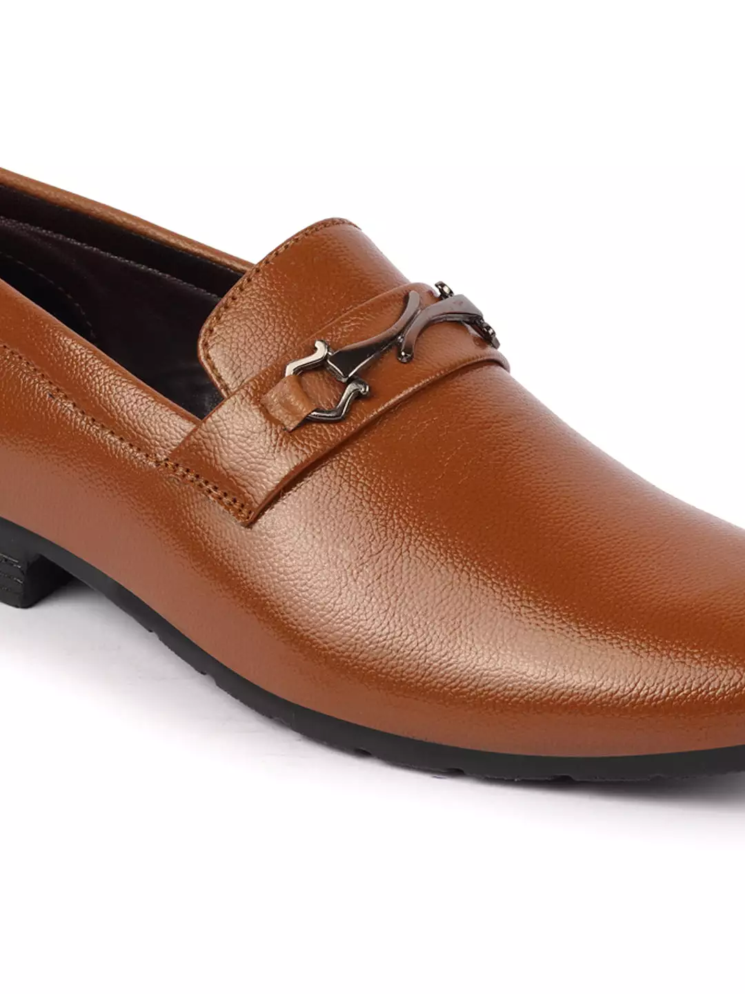 Men Tan Horsebit Buckle Formal Slip On Shoes