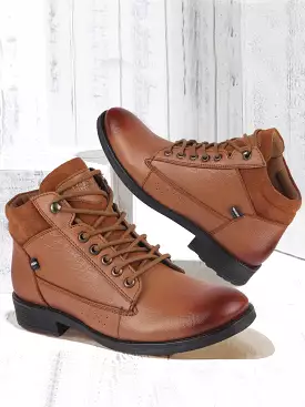 Men Tan Leather Lace Up Biker Boots