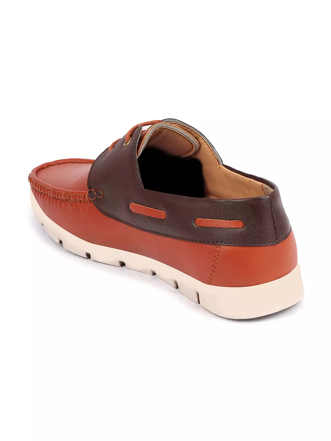 Men Tan Side Lace Stitched Design Lace Up Boat Shoes