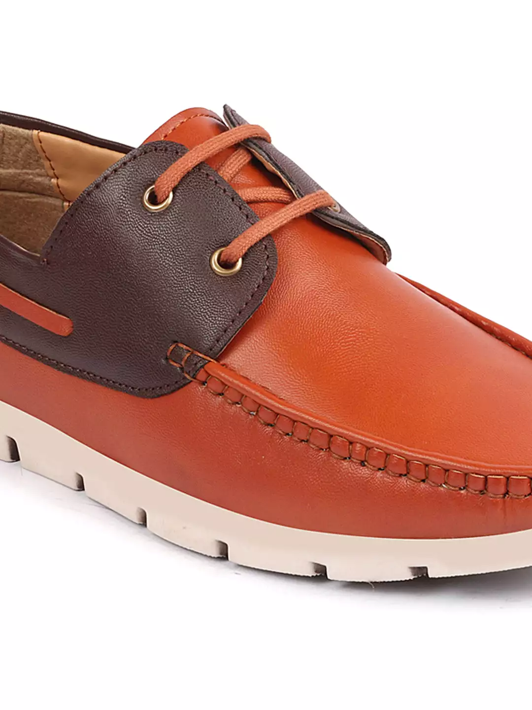 Men Tan Side Lace Stitched Design Lace Up Boat Shoes