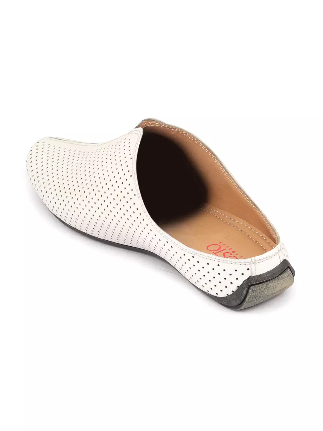 Men White Back Open Perforated Design Ethnic Party Wedding Mules Slip On Shoes