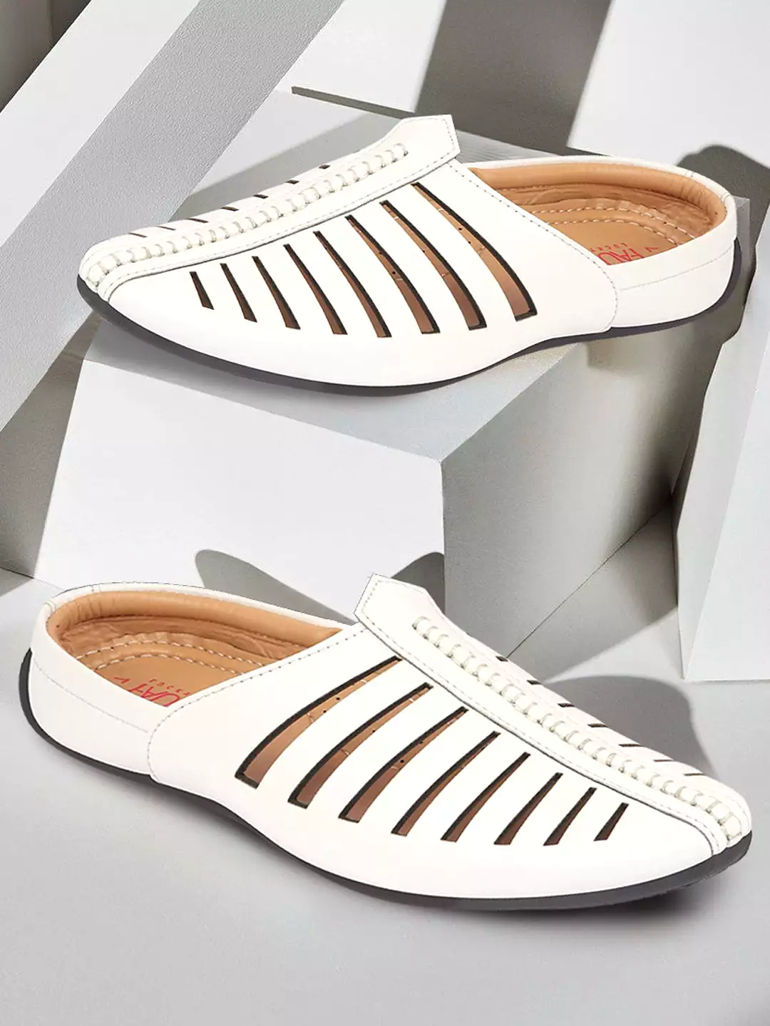 Men White Laser Cut Design Back Open Evening Party Ethnic Mules Slip On Shoes