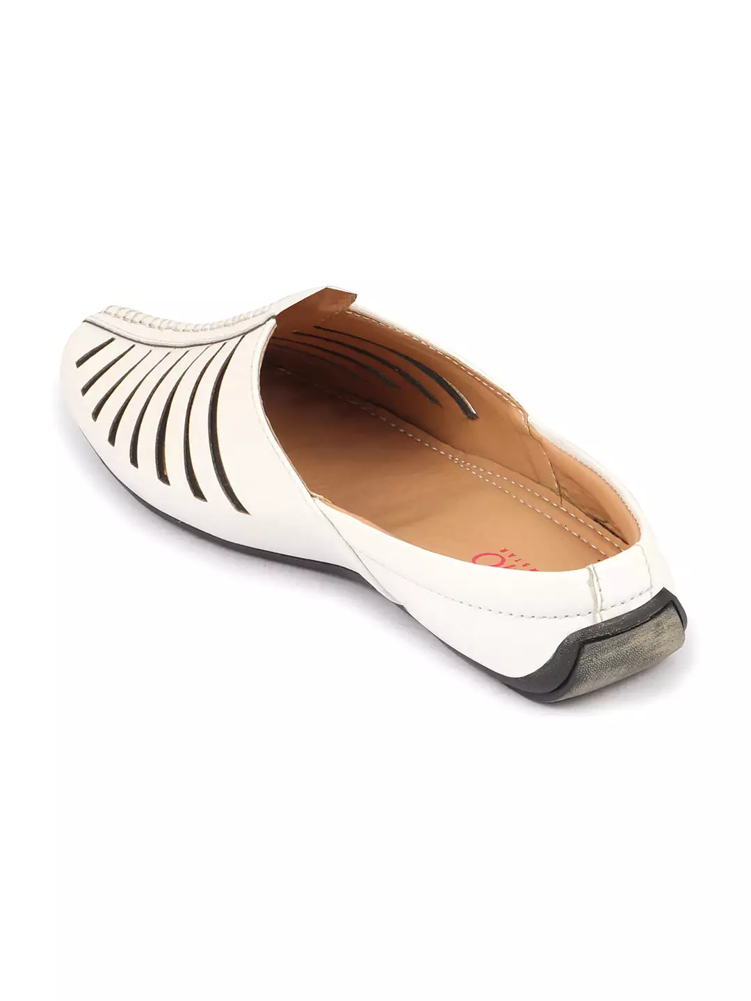 Men White Laser Cut Design Back Open Evening Party Ethnic Mules Slip On Shoes