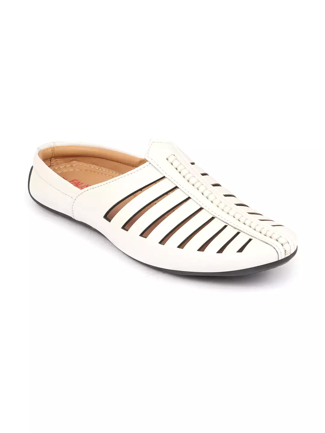 Men White Laser Cut Design Back Open Evening Party Ethnic Mules Slip On Shoes