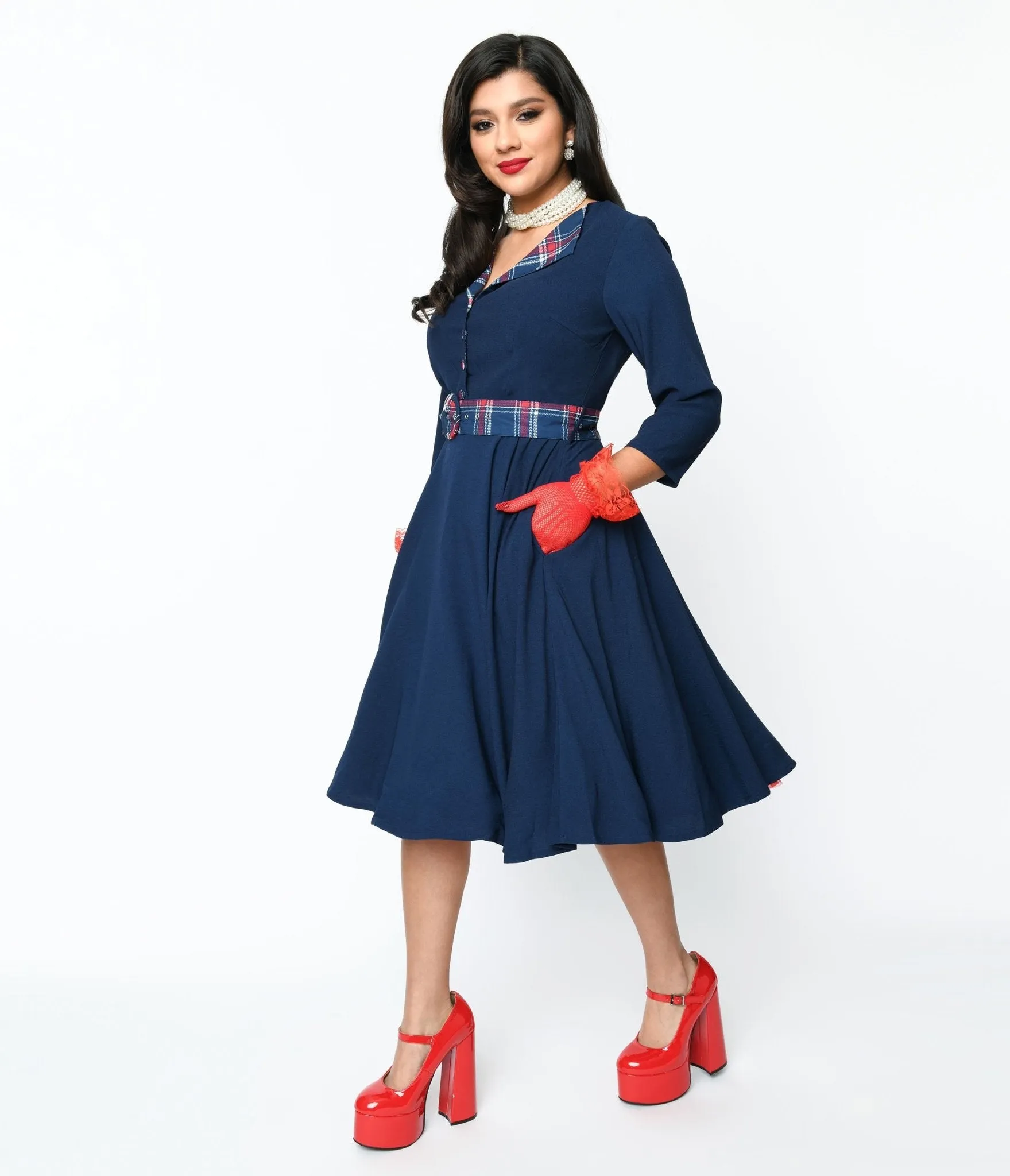 Navy & Plaid Contrast Lynette Swing Dress