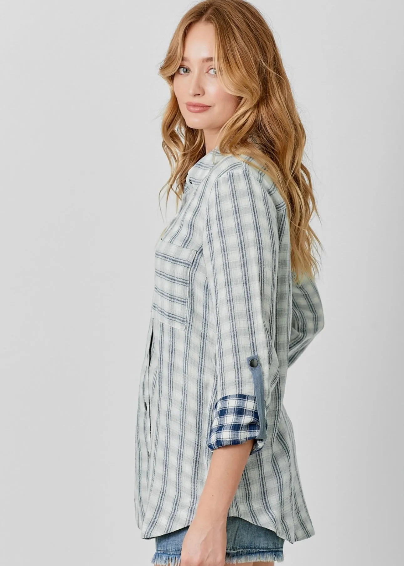 Navy Plaid Cuffed Top