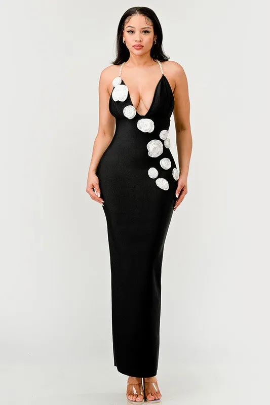 Obsidian Blossom Halter Gown