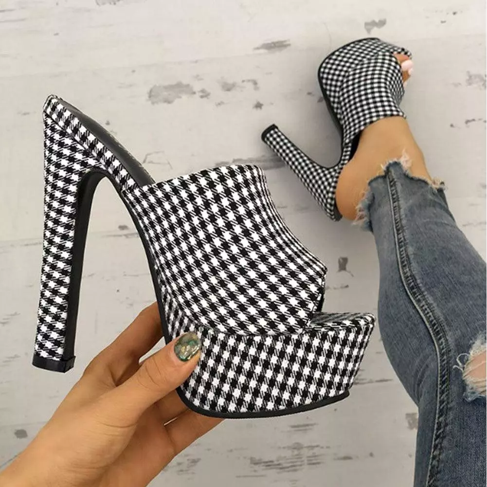 Plaid High Heels Platform Sandals