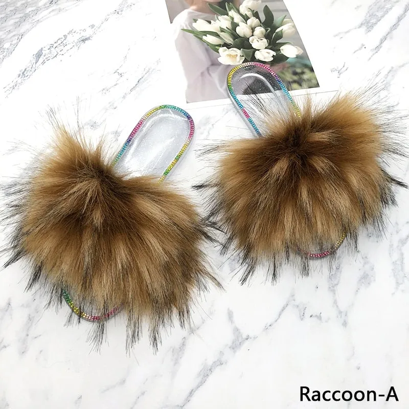 Summer Crystal Casual Raccoon Synthetic Fur House Slippers for Women