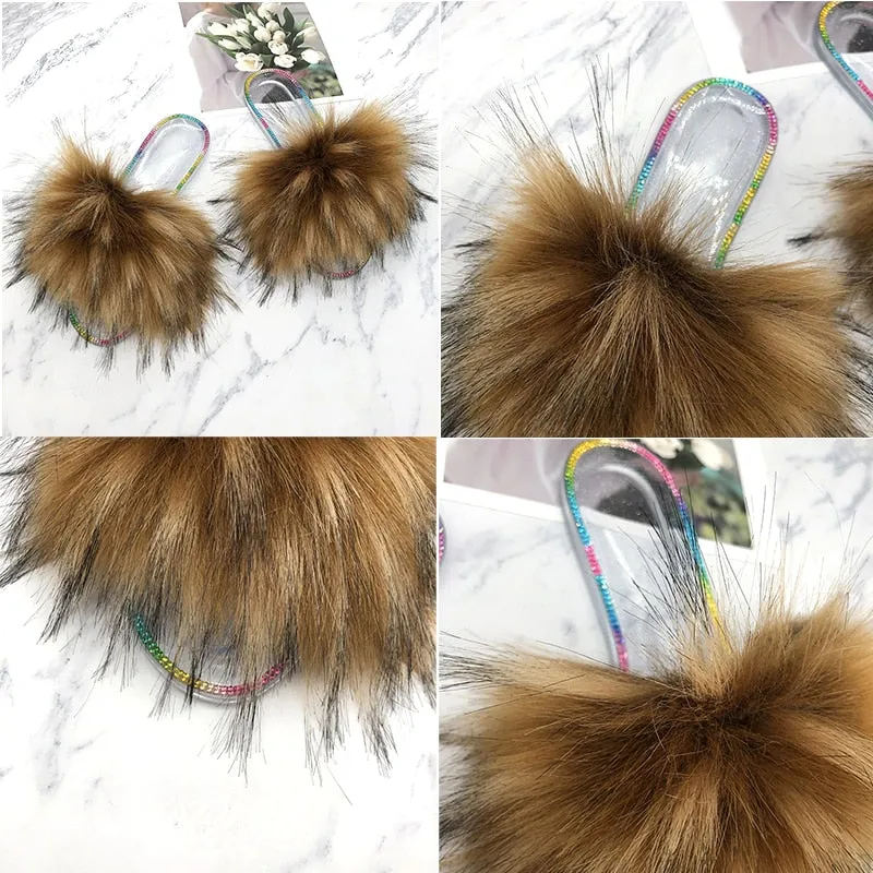 Summer Crystal Casual Raccoon Synthetic Fur House Slippers for Women