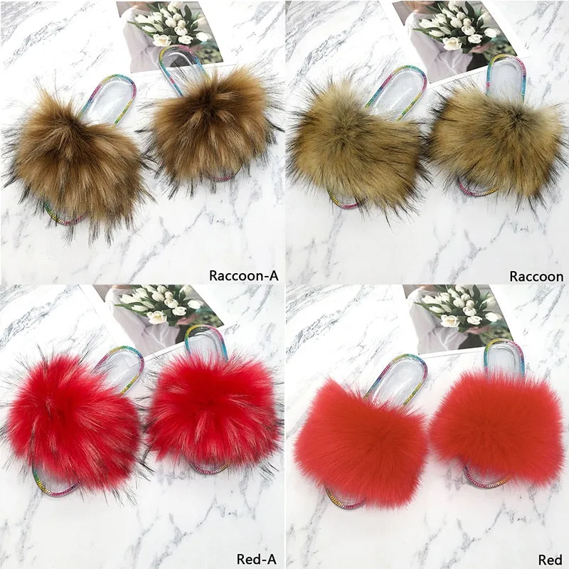 Summer Crystal Casual Raccoon Synthetic Fur House Slippers for Women