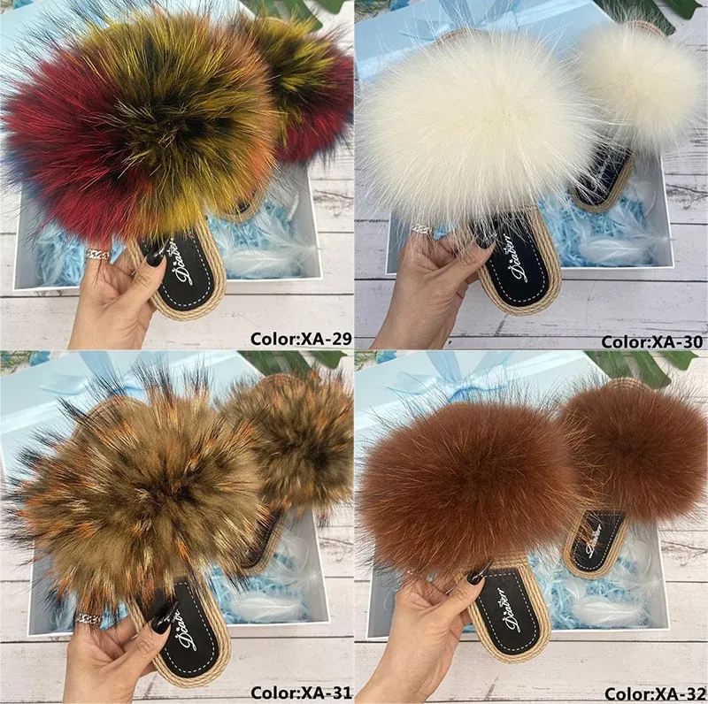 synthetic Straw Natural Raccoon Fur Fluffy Flip Flop Indoor Slippers for Women